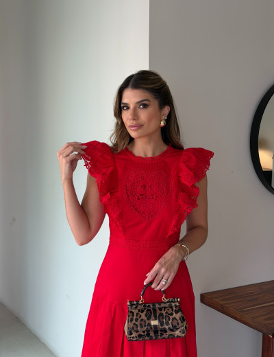  Vestido Bordado Coração Salete Vermelho