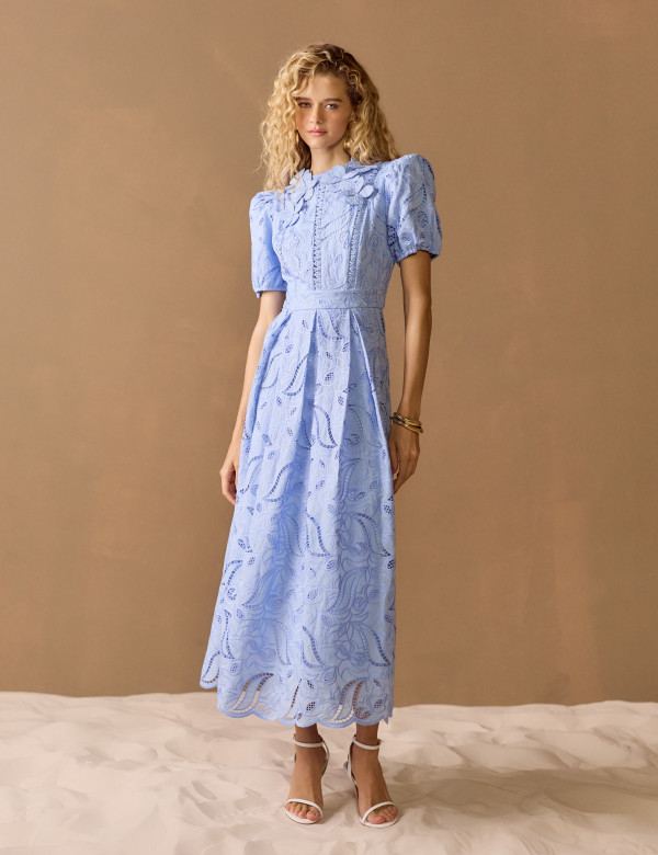 Vestido Richelieu Flor 3D Maggie Azul